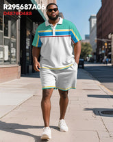 Men's Plus Size Business Green Colorblock Striped Print Short Sleeve Polo Shirt Shorts Suit